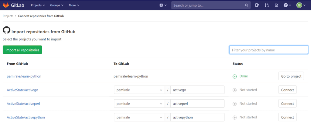 Display a list of your repositories to choose from Import Repo from GitHub