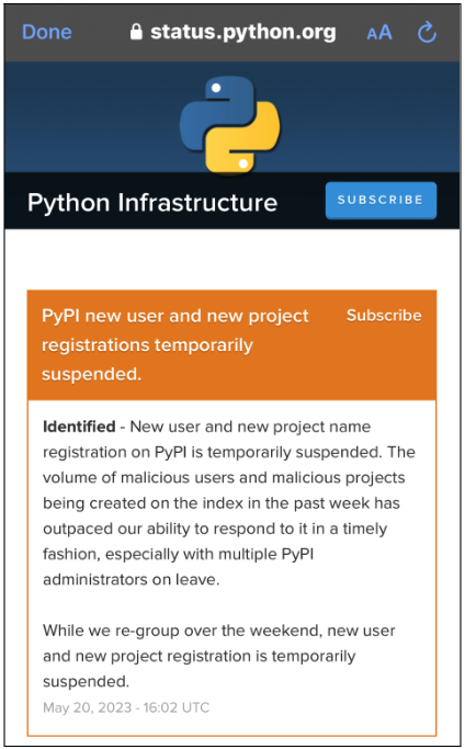 PyPI suspends new projects